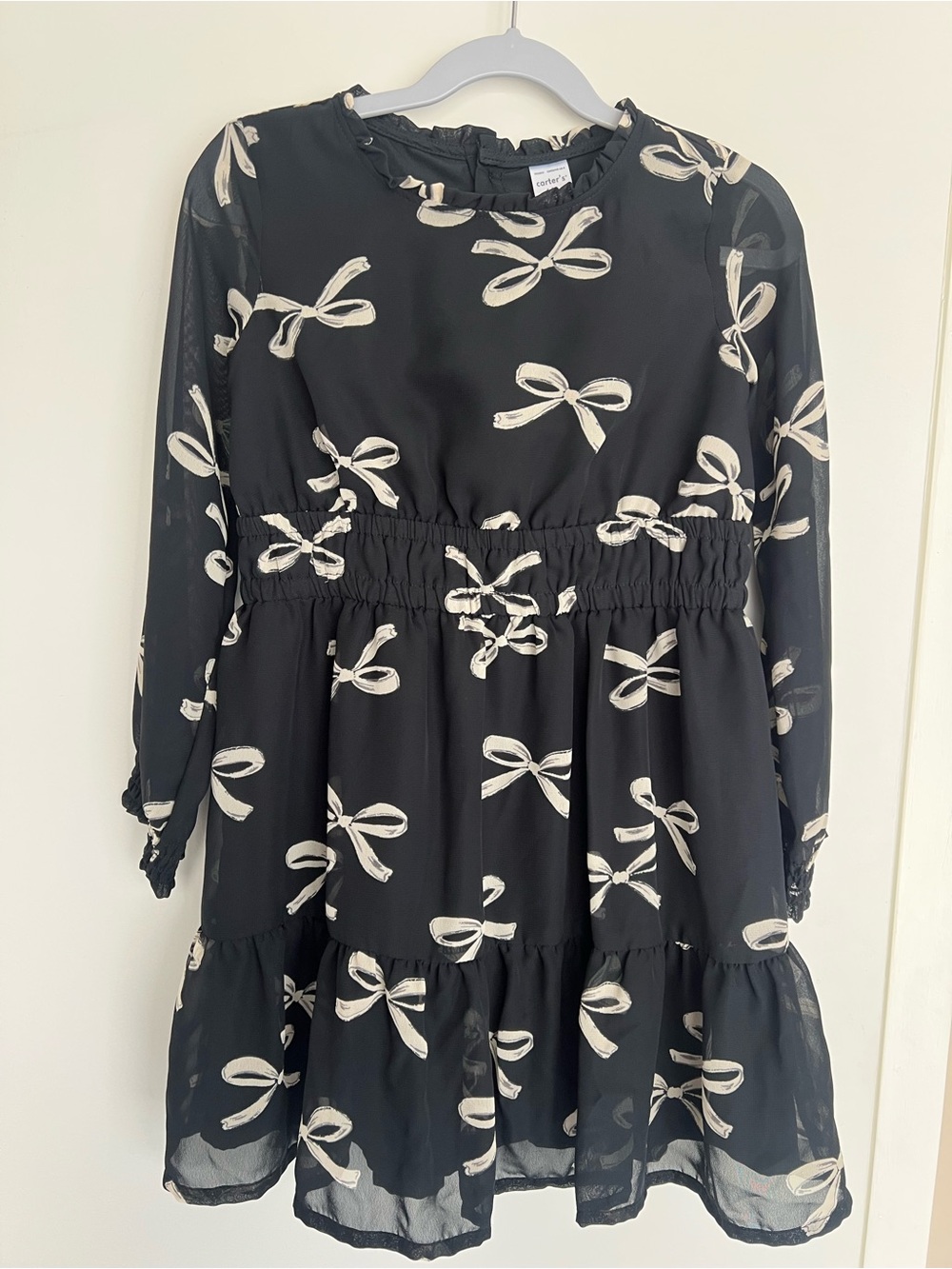 Girls Black Bow Print Long Sleeve Dress